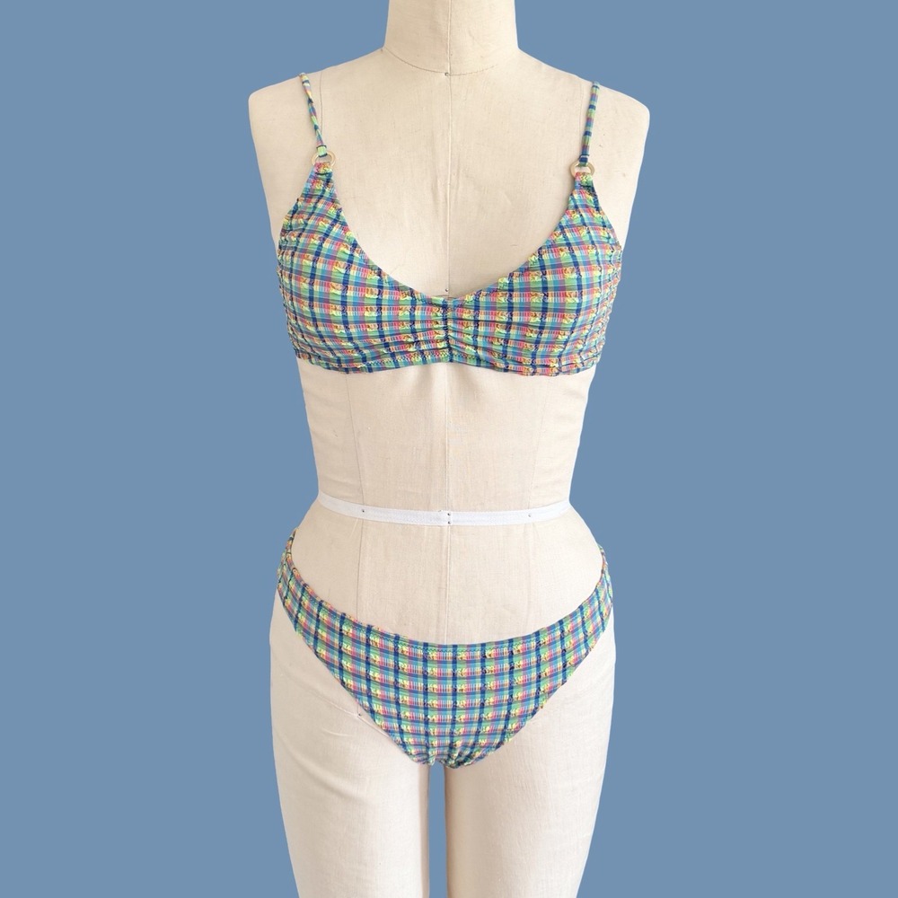 Aerie Beach Babe Plaid Gingham Seersucker Cheeky Bikini Set Blue Medium